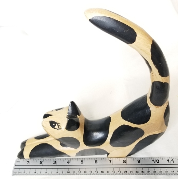Vintage Black and Brown Wooden Stretching Cat Sculpture Figurine - Picture 8 of 10